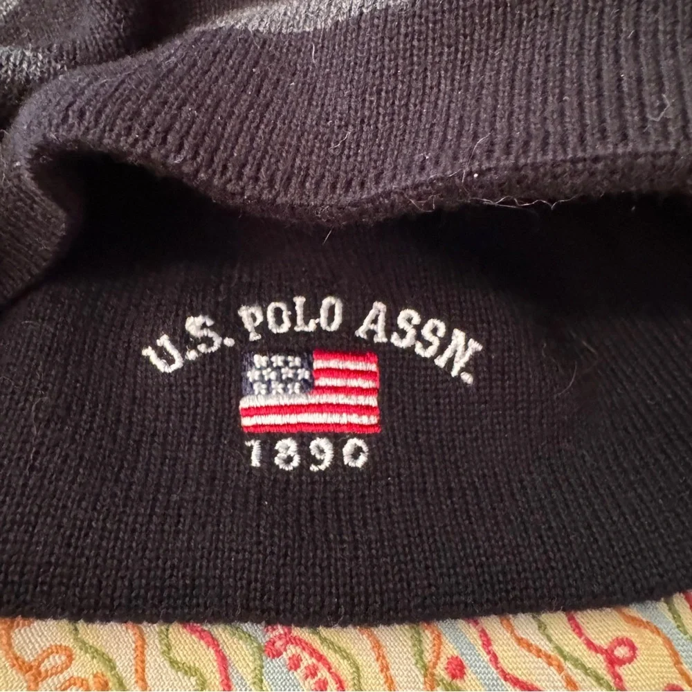 US Polo Assn Hat Beanie Knit Reversible Black Gray Striped Embroidered Winter